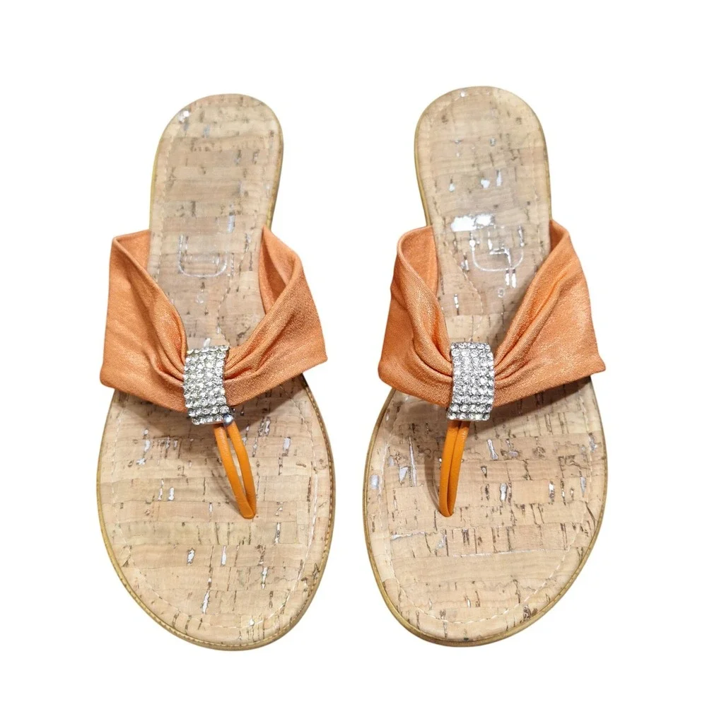 Orange Fabric Rhinestone Thong Wedge Sandals Cork Footbed Made in Italy Size 9